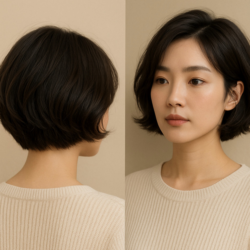 짧은 상고단발 스타일의 다양한 유형과 얼굴형에 따른 최적의 스타일링을 제안하는 이미지.