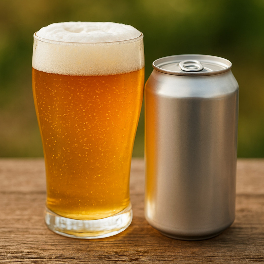 각종 맥주 종류를 정리한 일러스트로, 캔맥주, 병맥주, 생맥주가 각각 영어로 표기된 모습입니다.